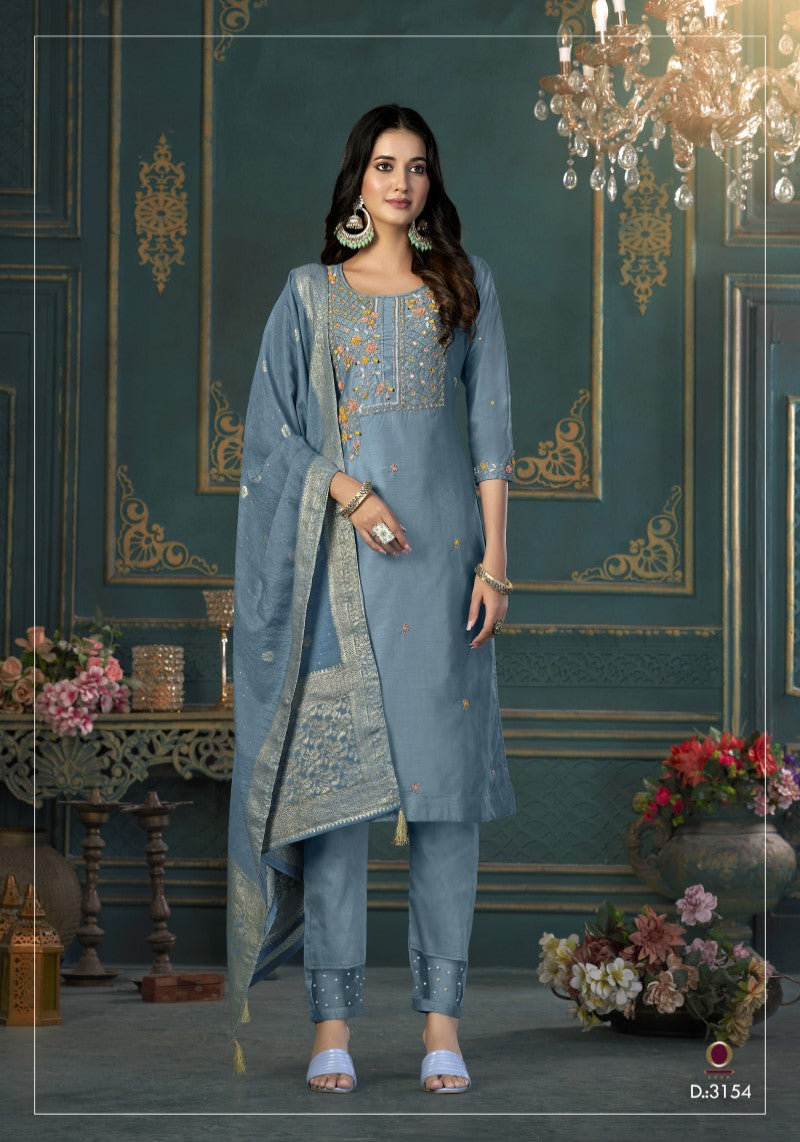 Mosaic Blue Silk Blend Kurti Pant With Dola Silk Jacquard Dupatta