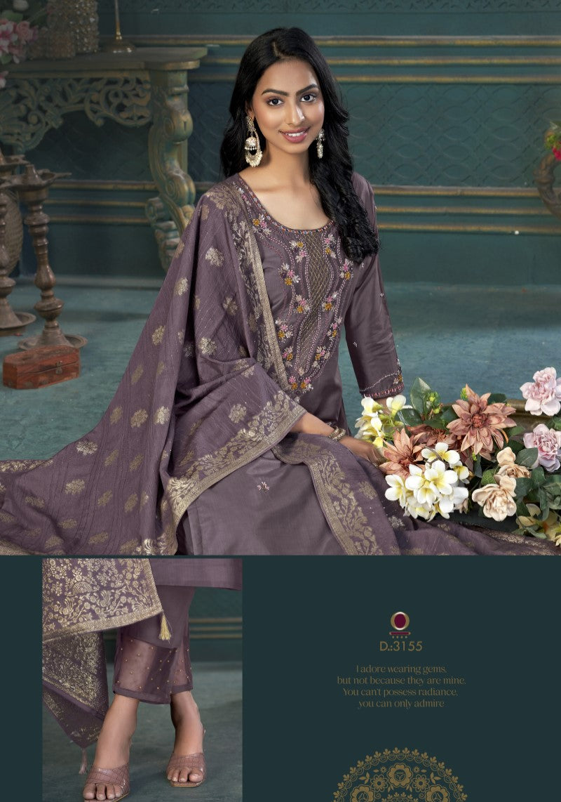Party Wear Lavender Silk Blend Kurti Pant With Dola Silk Jacquard Dupatta