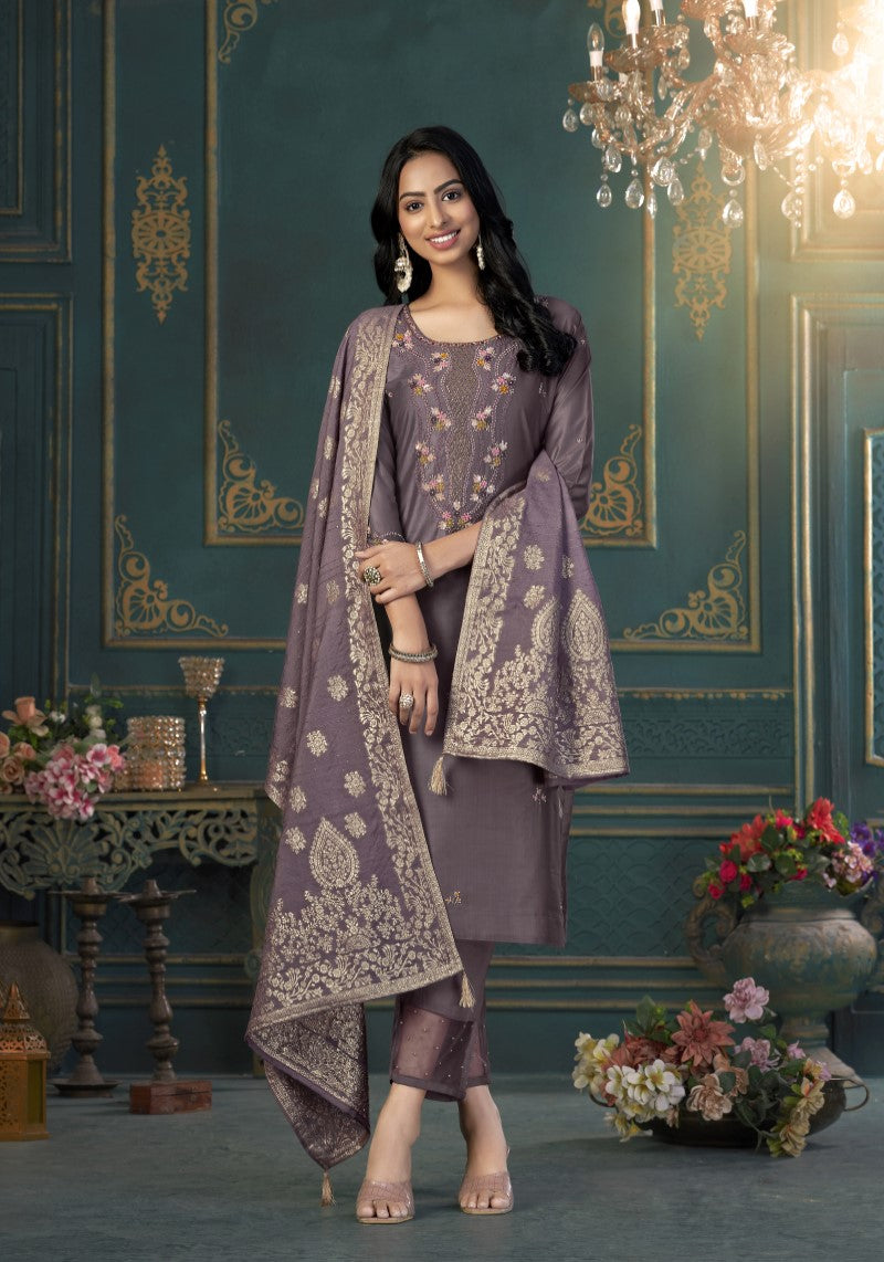 Party Wear Lavender Silk Blend Kurti Pant With Dola Silk Jacquard Dupatta