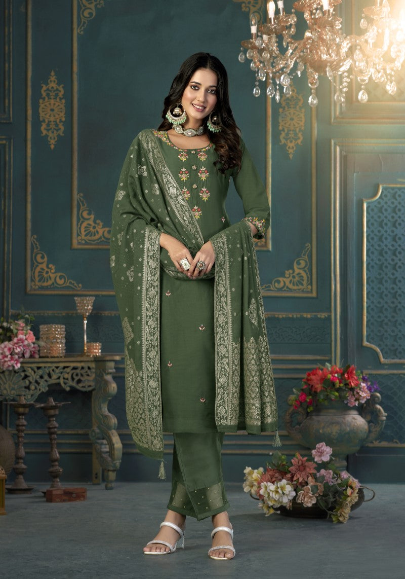 Olive Green Silk Blend Kurti Pant With Dola Silk Jacquard  Dupatta