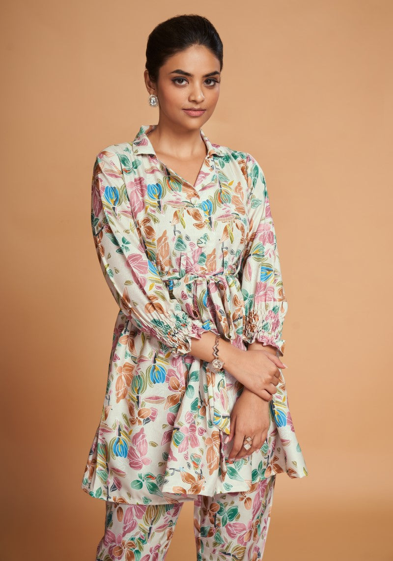 Cream Floral Printed Rayon Top And Bottom Co-Ord Set