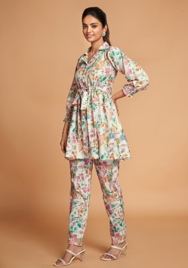 Cream Floral Printed Rayon Top And Bottom Co-Ord Set