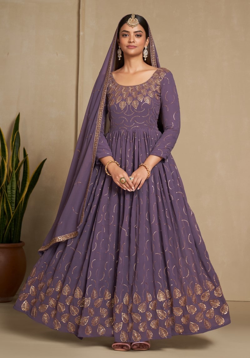 Party Wear Lavender Sequins Embroidered Anarkali Dress With Dupatta