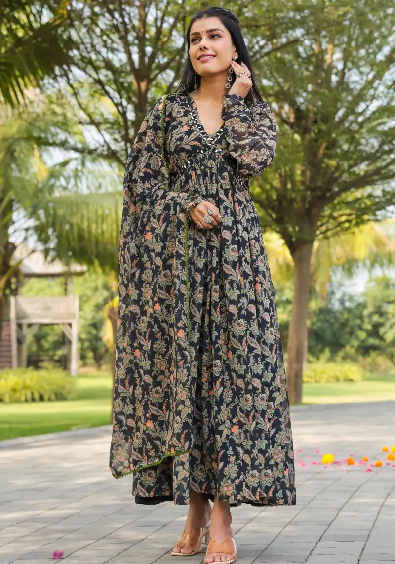 Multi Color Floral Printed Gown with Dupatta