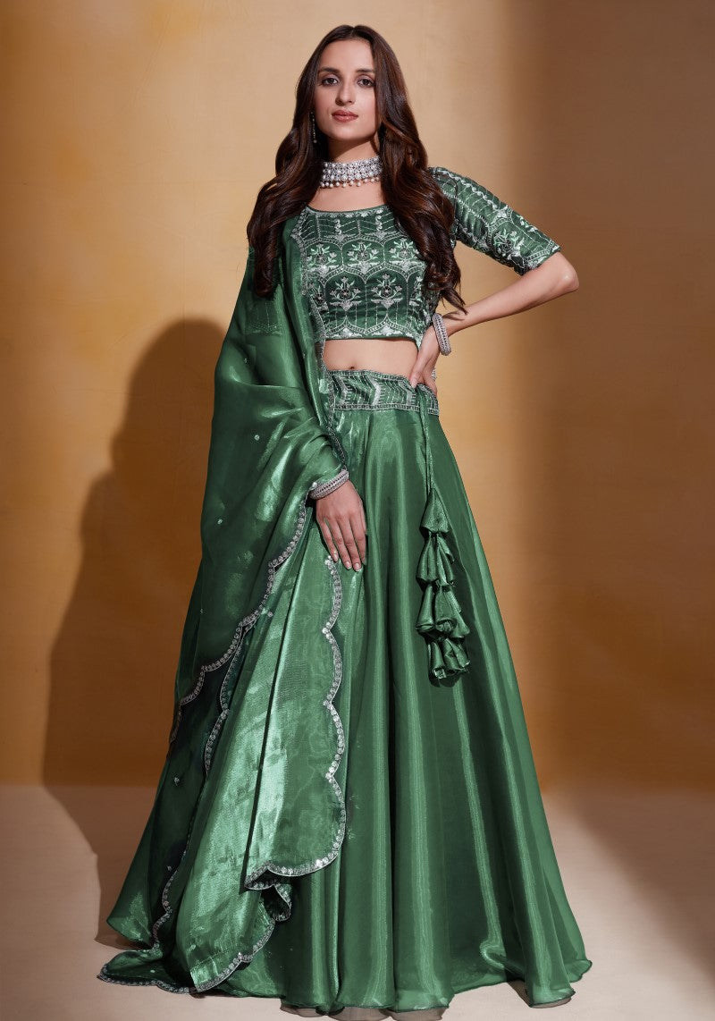 Deep Green Organza Silk Embroidered Lehenga Choli