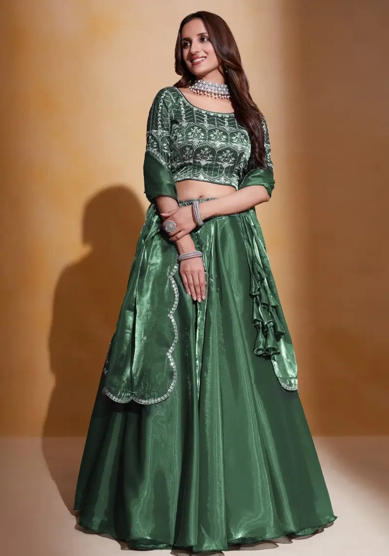 Deep Green Organza Silk Embroidered Lehenga Choli