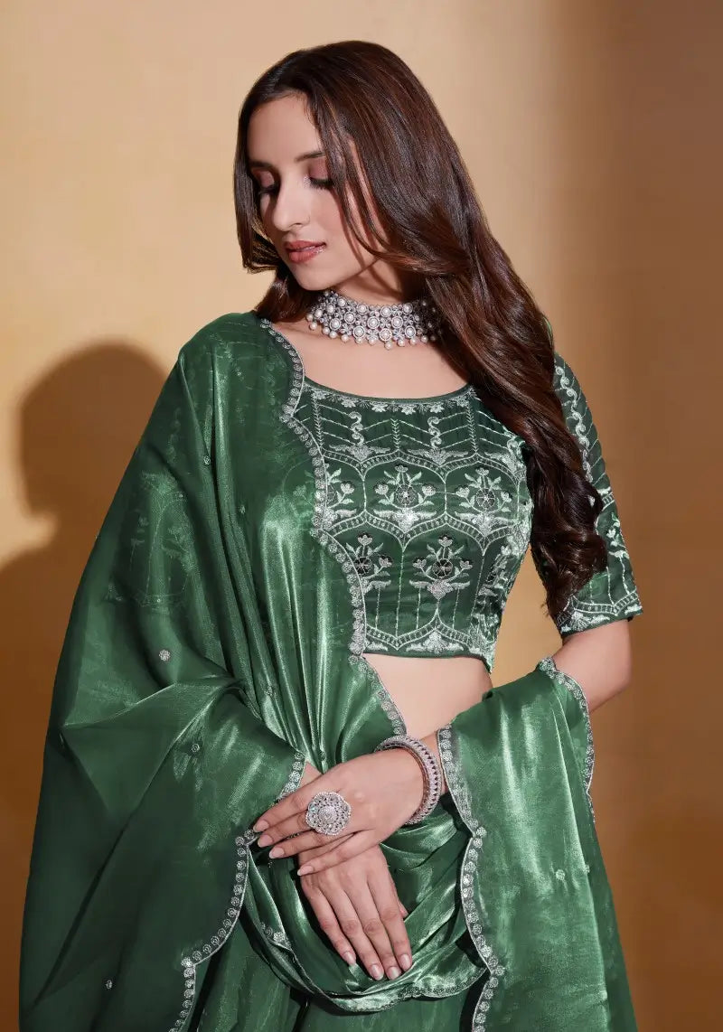 Deep Green Organza Silk Embroidered Lehenga Choli