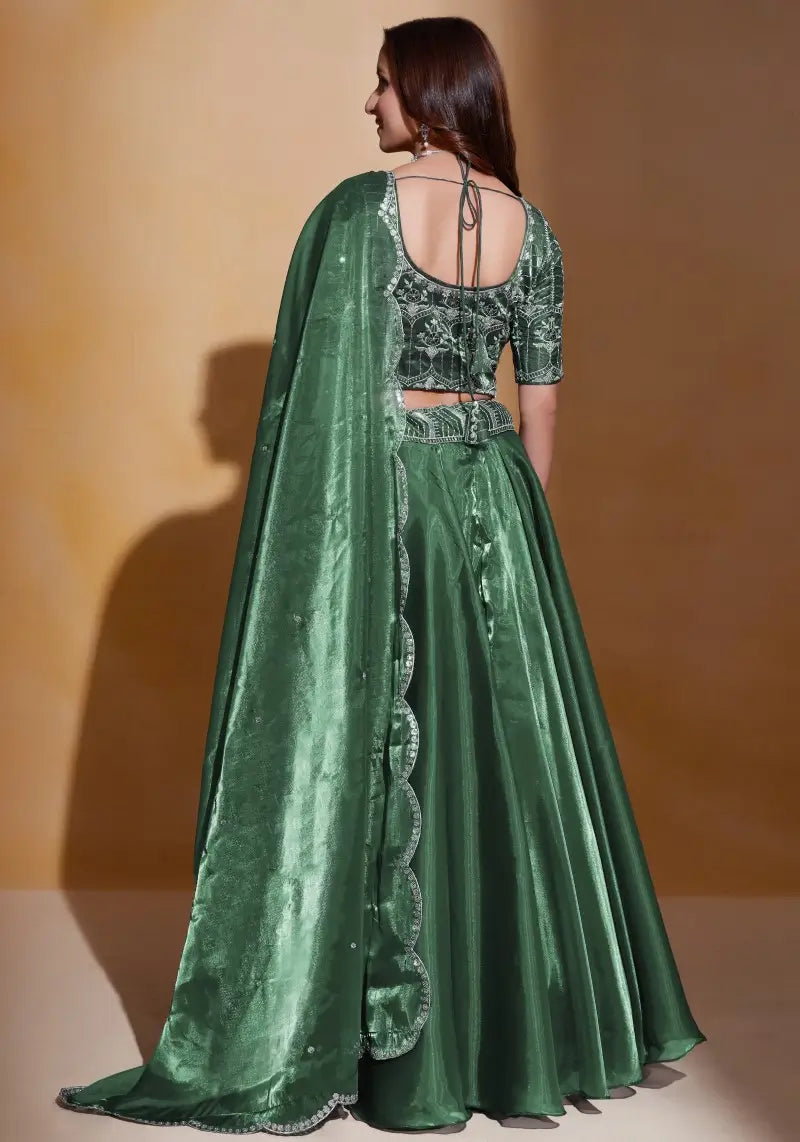 Deep Green Organza Silk Embroidered Lehenga Choli