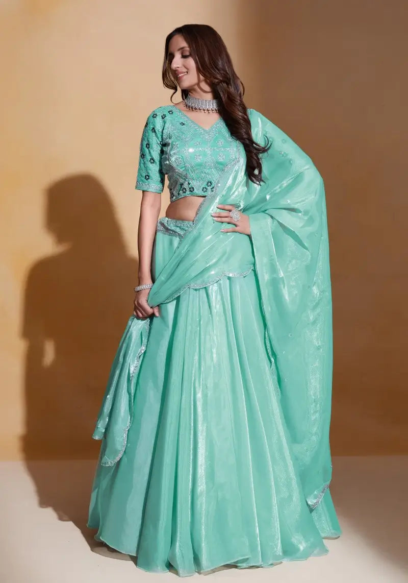 Sea Green Organza Silk Embroidered Lehenga Choli
