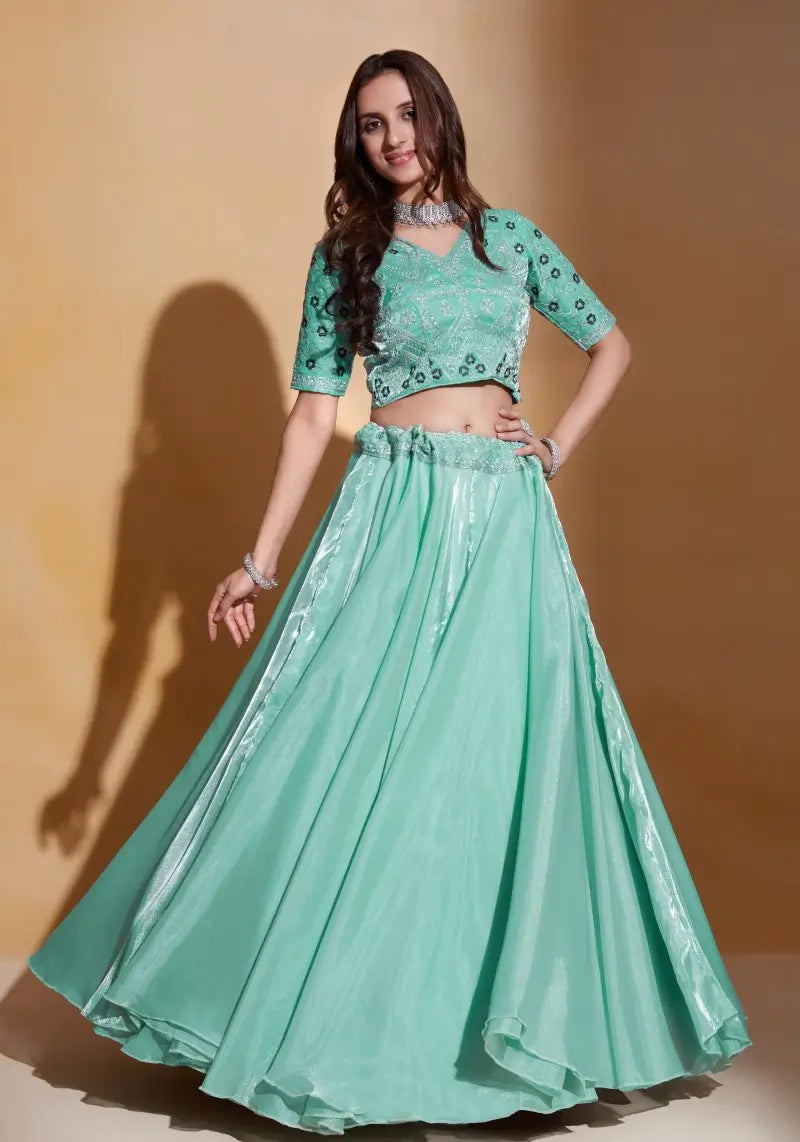 Sea Green Organza Silk Embroidered Lehenga Choli