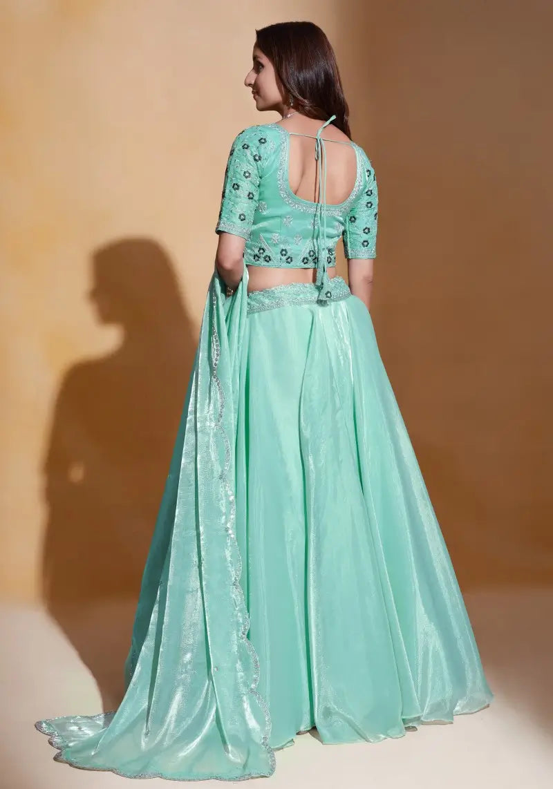 Sea Green Organza Silk Embroidered Lehenga Choli