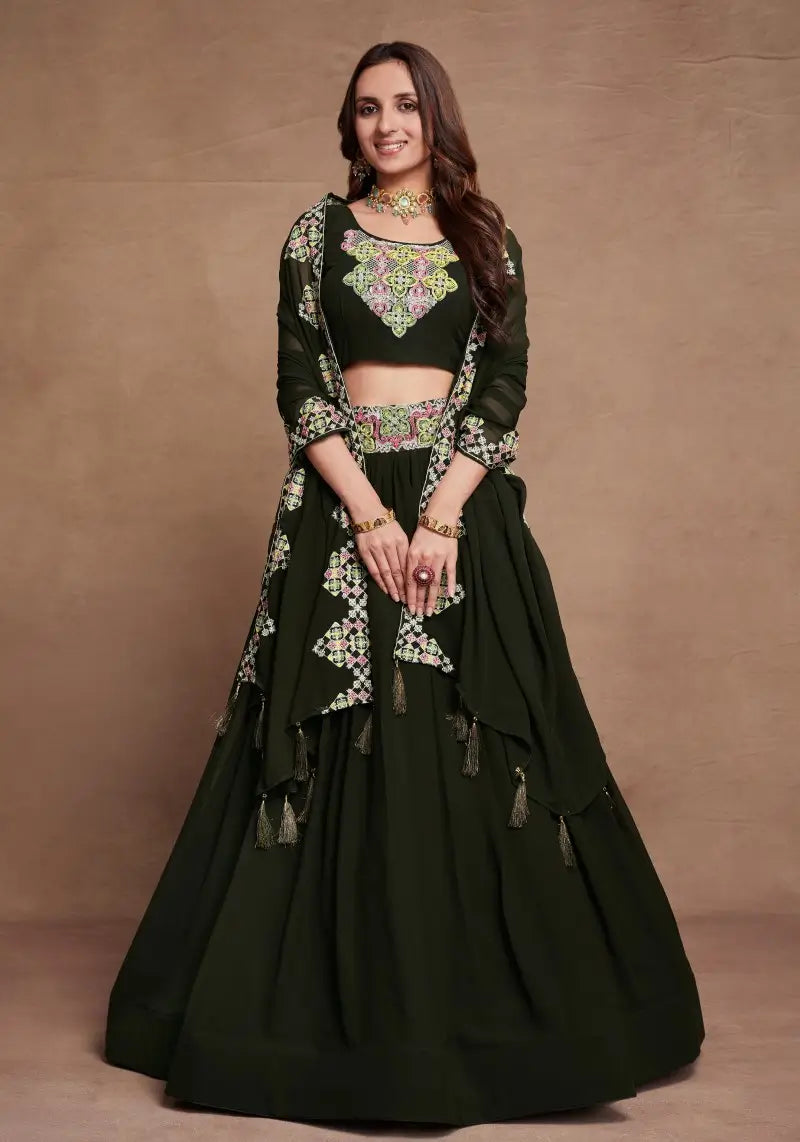 Dark Green Sequins Embroidered Lehenga Choli