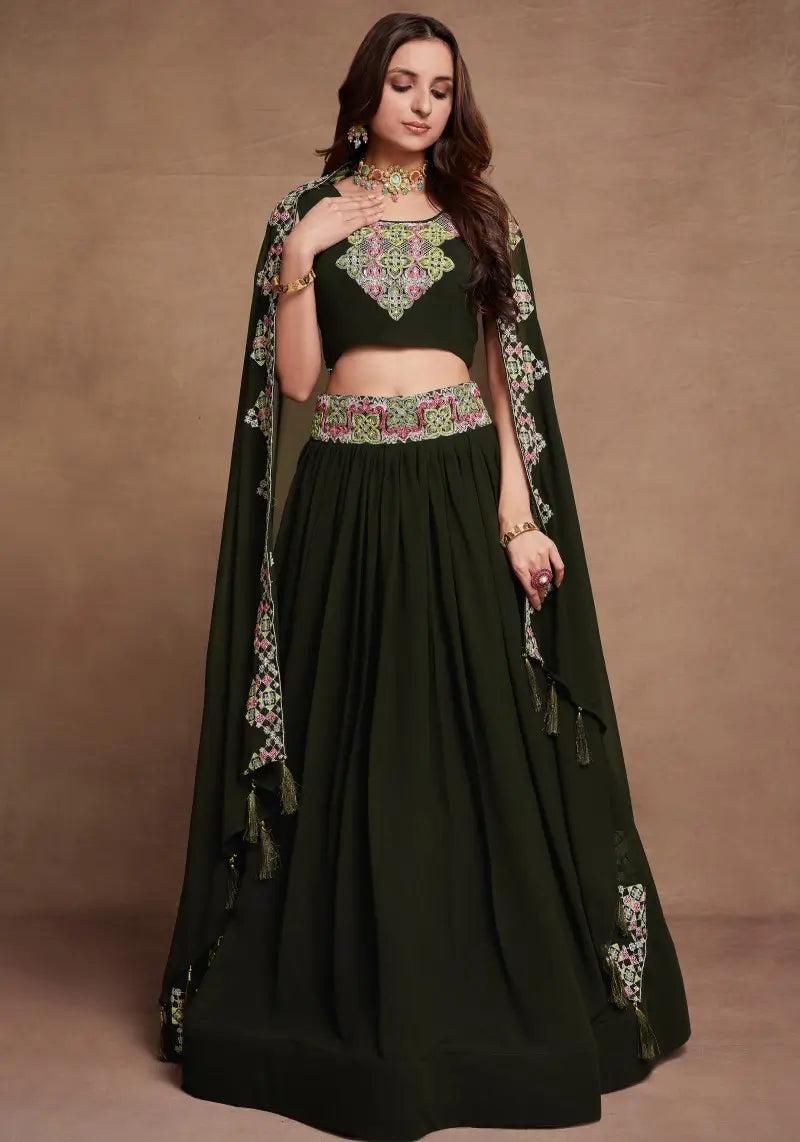Dark Green Sequins Embroidered Lehenga Choli