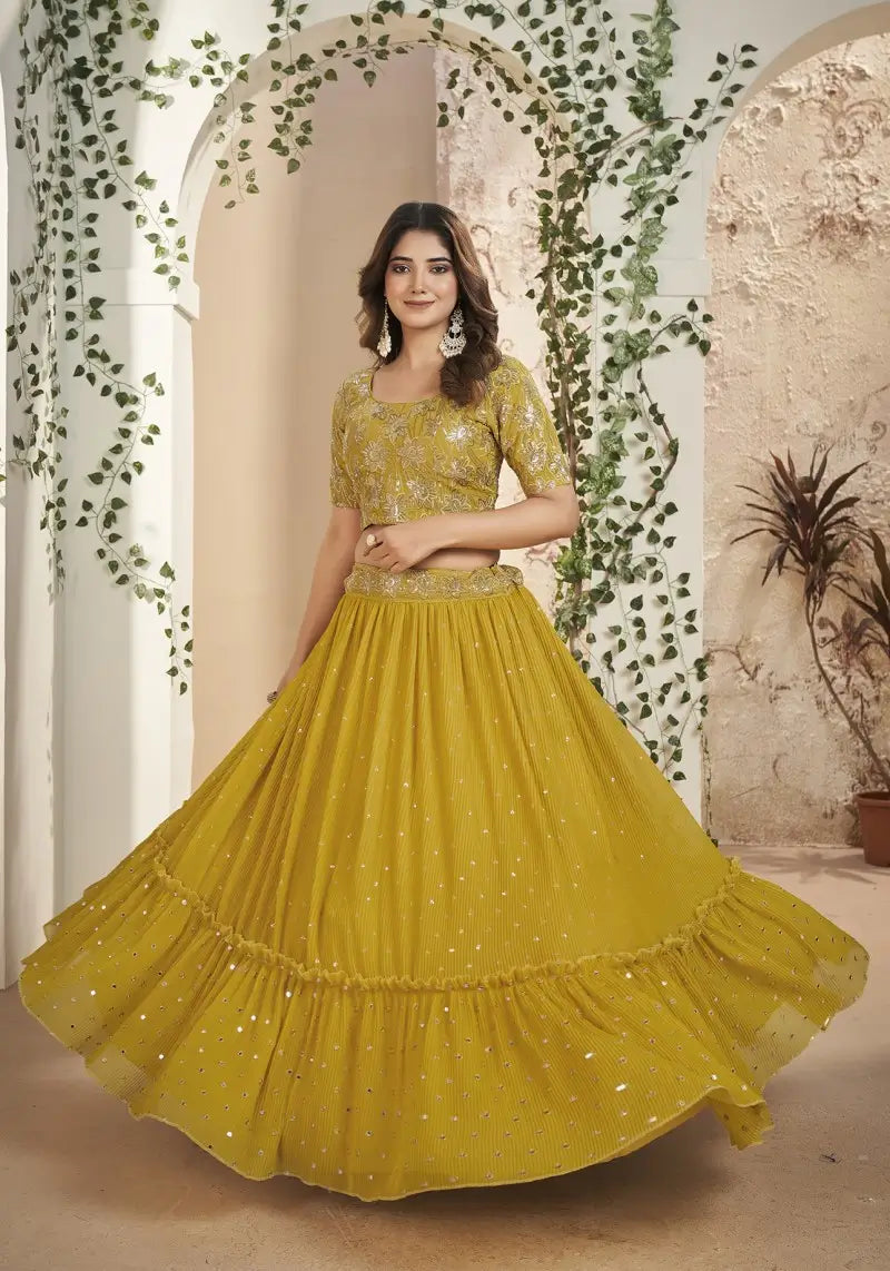 Mustard Faux Georgette Sequins Embroidered Lehenga Choli