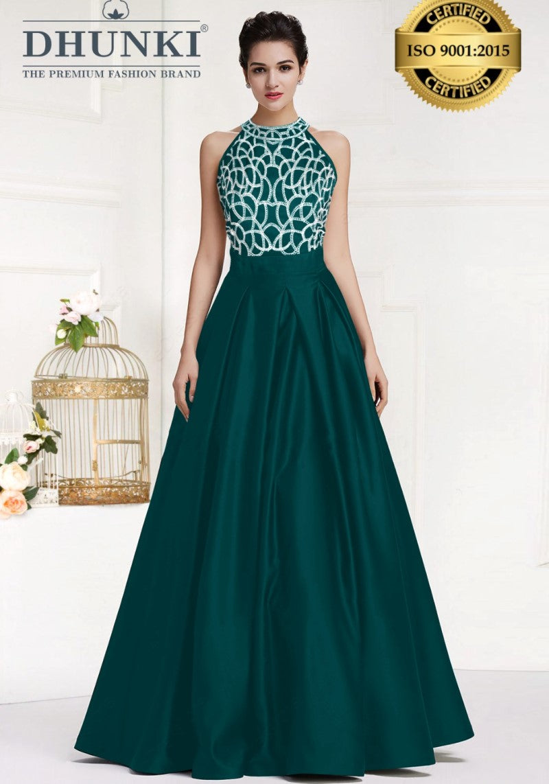 floor-length satin gown India,
Dhunki premium fashion gown,
formal black dress with embroidery,
high neck sleeveless gown