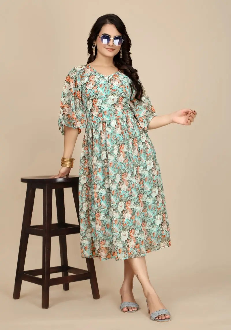 Snazzyhunt Aqua Bloom Floral Georgette A-Line Dress