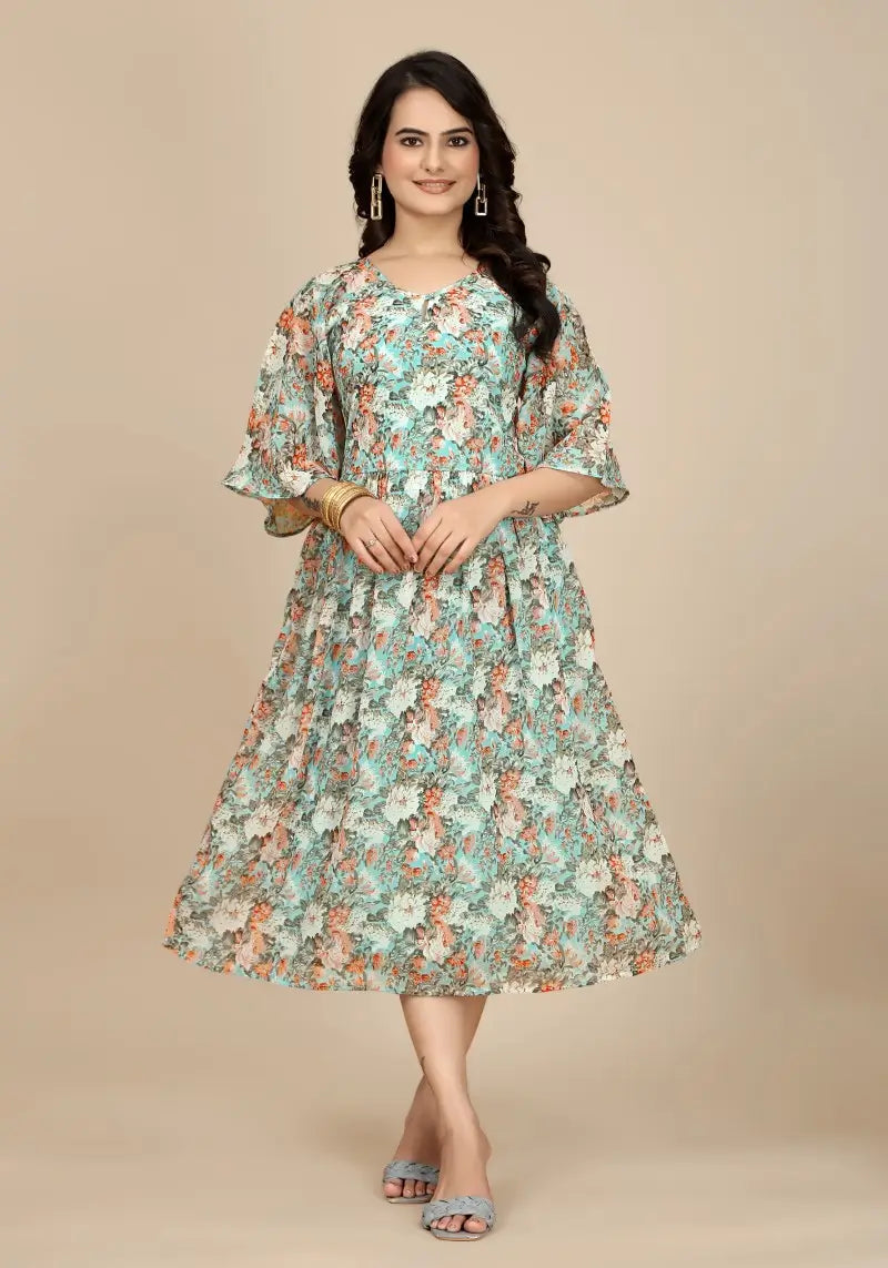 Snazzyhunt Aqua Bloom Floral Georgette A-Line Dress