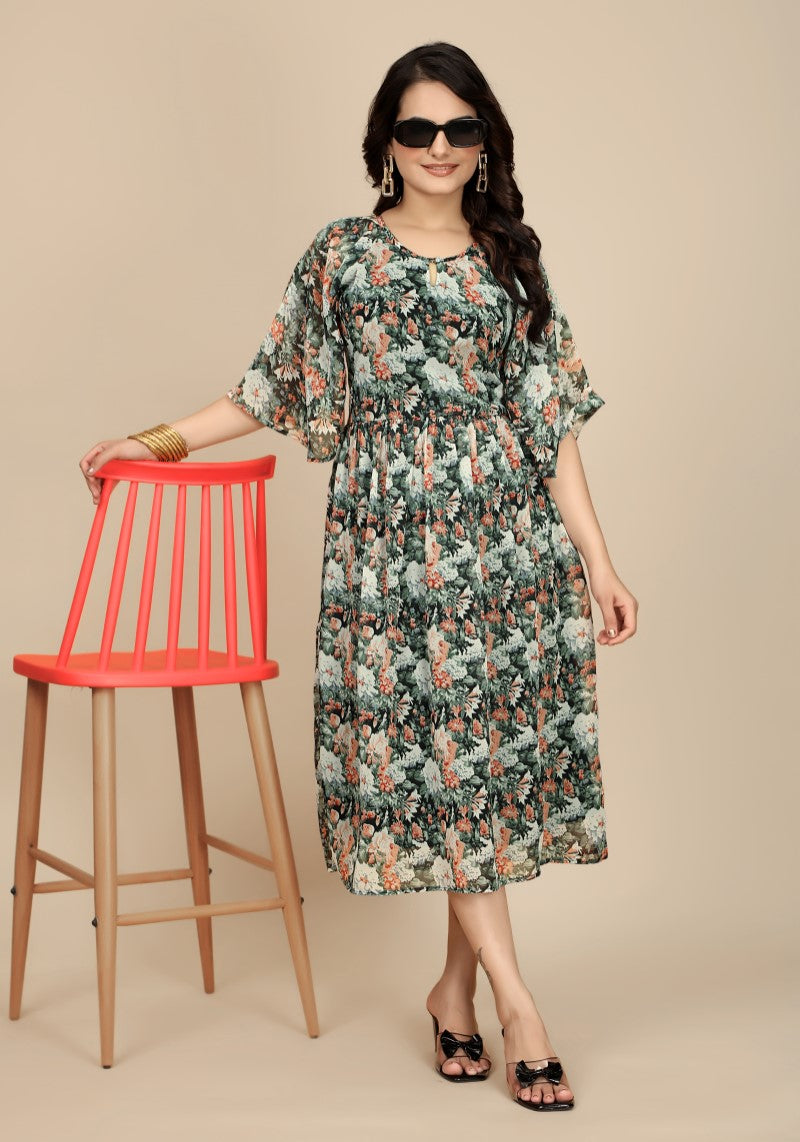 Snazzyhunt Women's Black Floral Georgette A-Line Dress