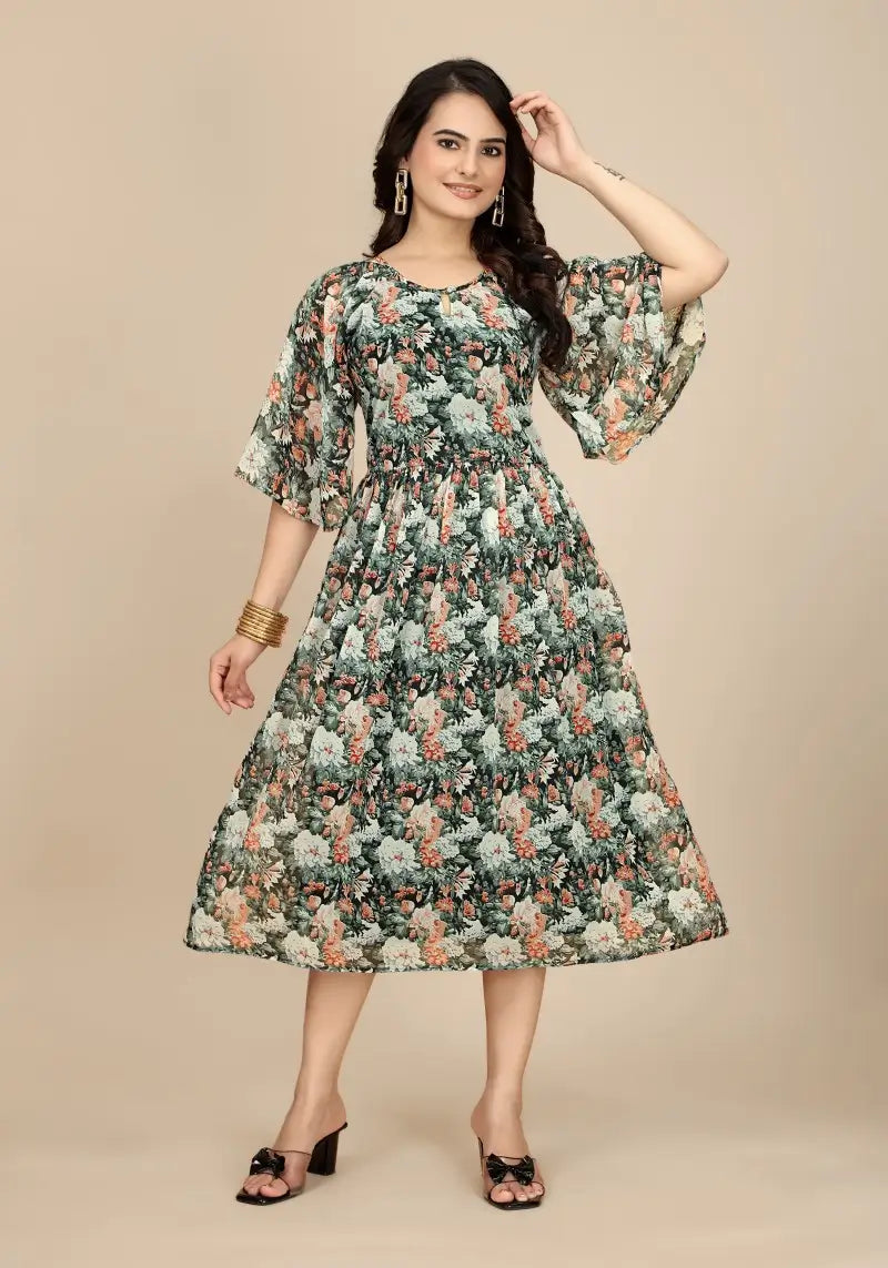 Snazzyhunt Women's Black Floral Georgette A-Line Dress