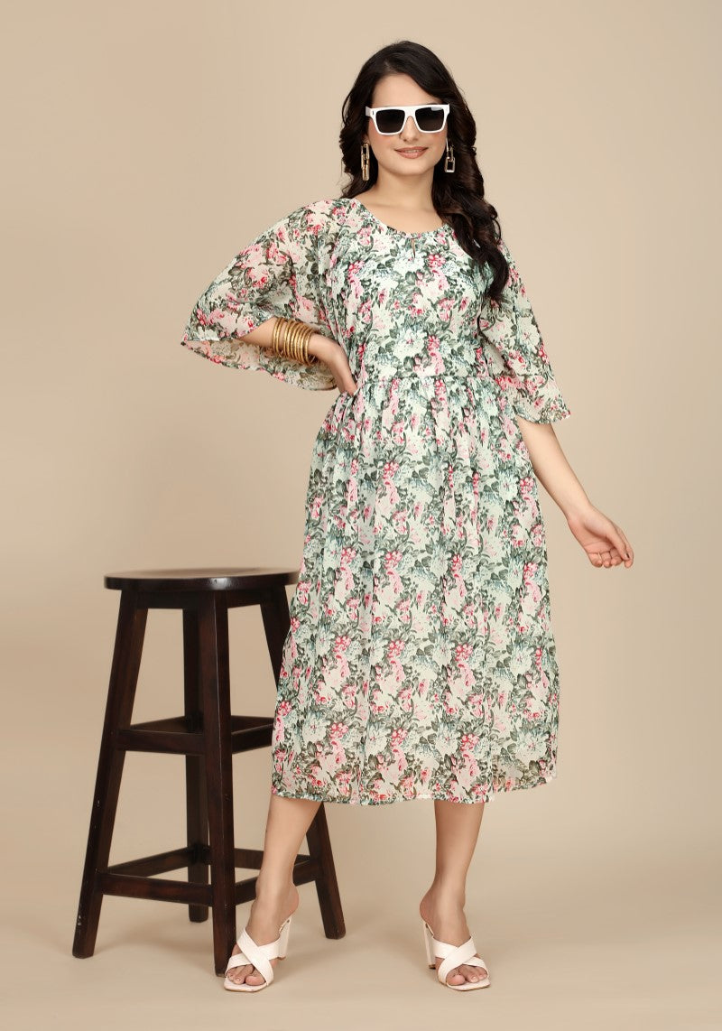 Snazzyhunt Women's Pink Floral Georgette A-Line Dress