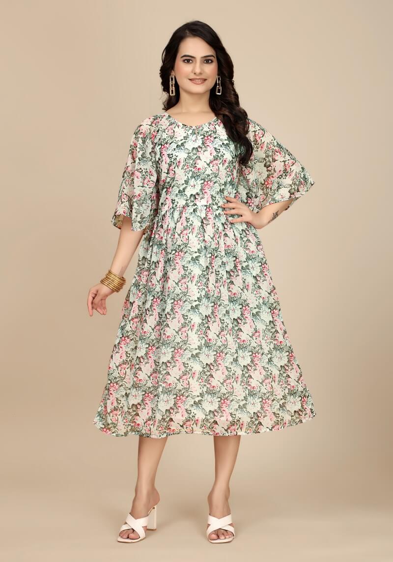 Snazzyhunt Women's Pink Floral Georgette A-Line Dress