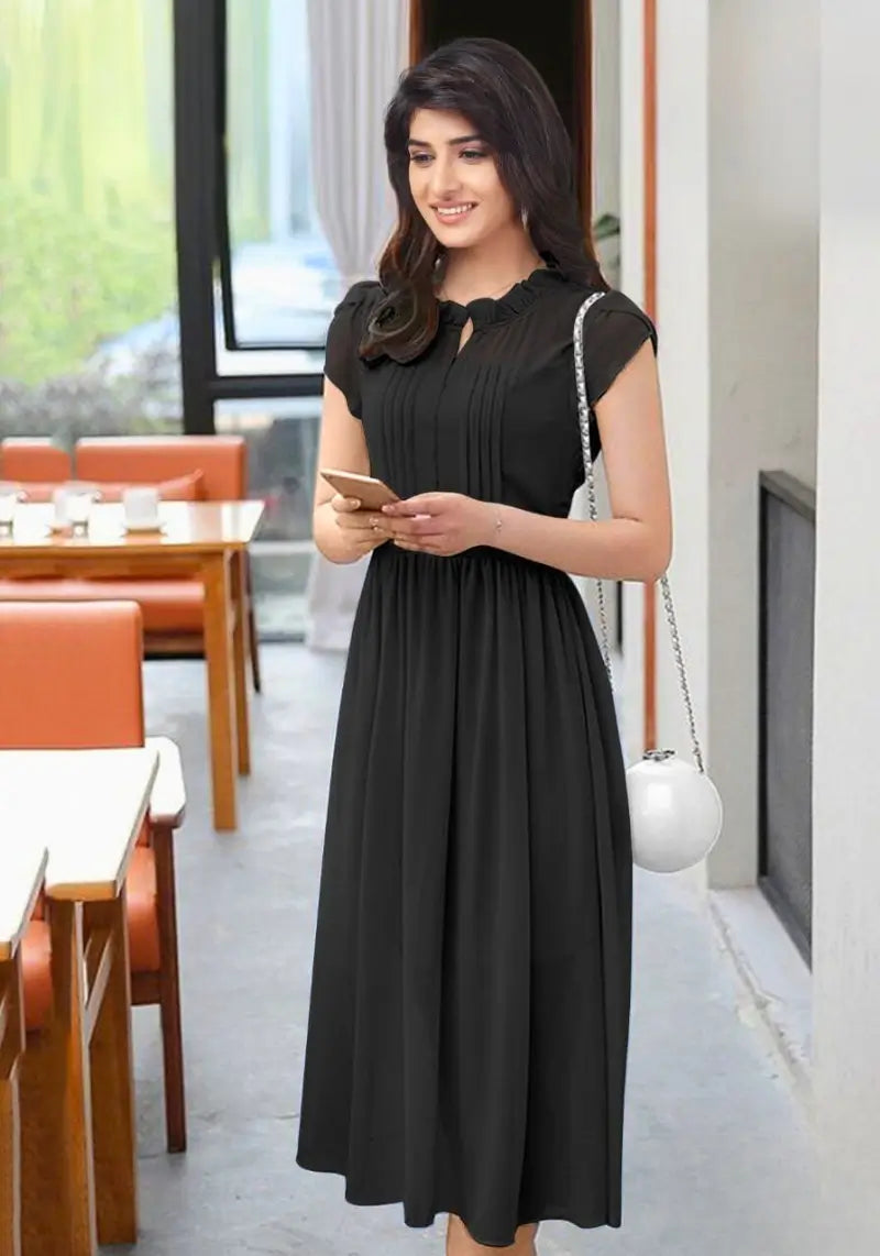Women's Solid A Line Pleated Elegant Midi Dress