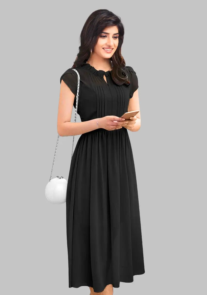Women's Solid A Line Pleated Elegant Midi Dress