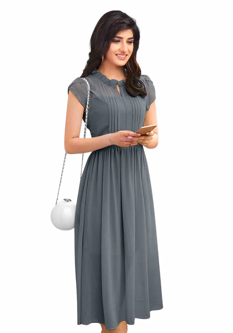 Women's Solid A Line Pleated Elegant Midi Dress