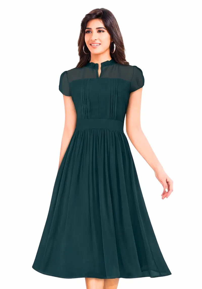 Front view of model wearing Women’s Solid A Line Pleated Elegant Midi Dress in morpich