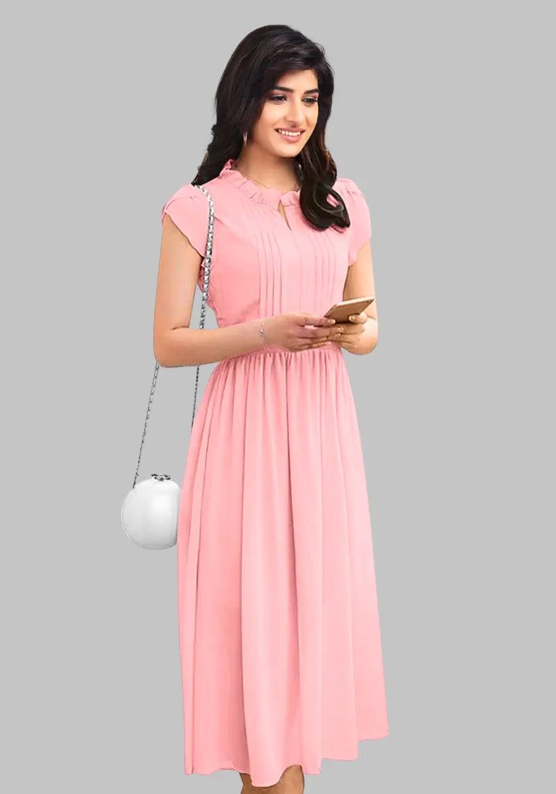 Women's Solid A Line Pleated Elegant Midi Dress