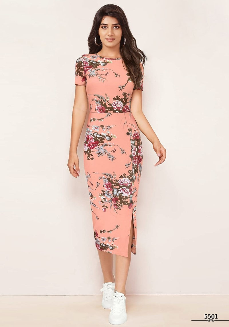 Peach Enticing Floral Printed Side-Slit Bodycon Dress