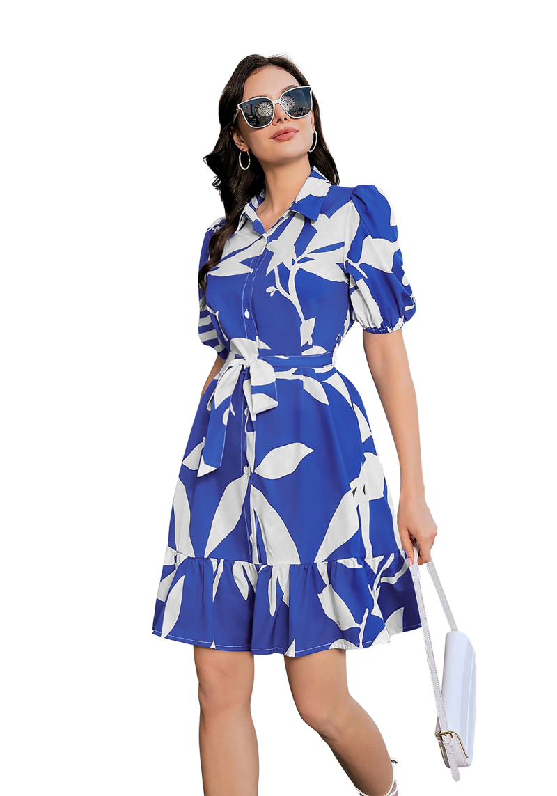 Front view of the Botanic Bloom Blue Leaf Print Belted Shirt Dress
