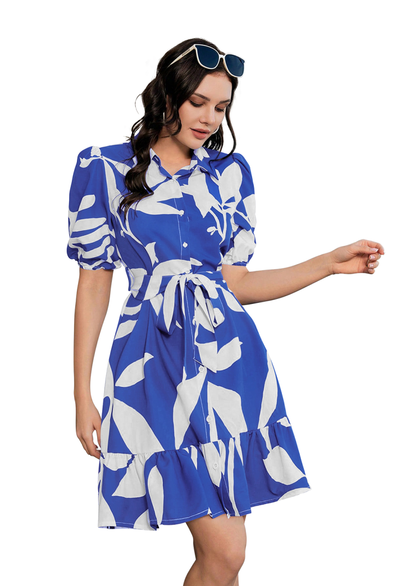 Side-front view of Botanic Bloom Blue Leaf Print Belted Shirt Dress with ruffled hem and puff sleeves