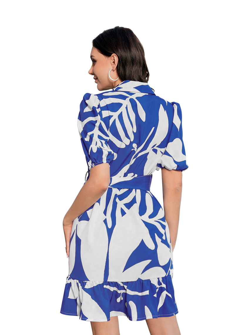 Rear view of Botanic Bloom Blue Leaf Print Belted Shirt Dress featuring puff sleeves and flared hemline