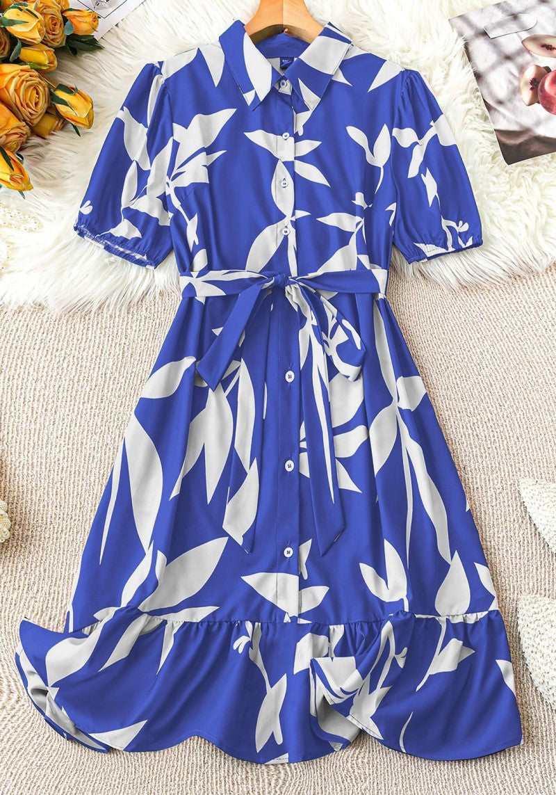 Close-up flatlay of Botanic Bloom Blue Leaf Print Belted Shirt Dress with button-down front and tie waist detail