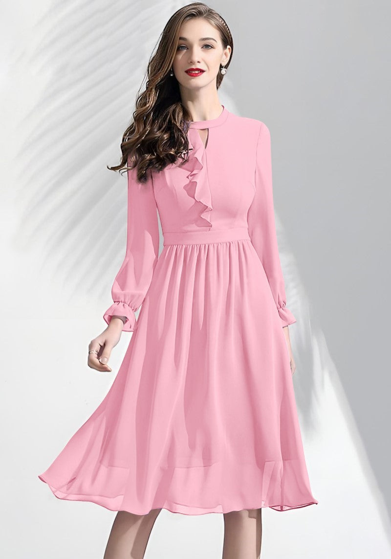 Peach midi dress with keyhole neckline, ruffle detailing, and sheer bishop sleeves on model.