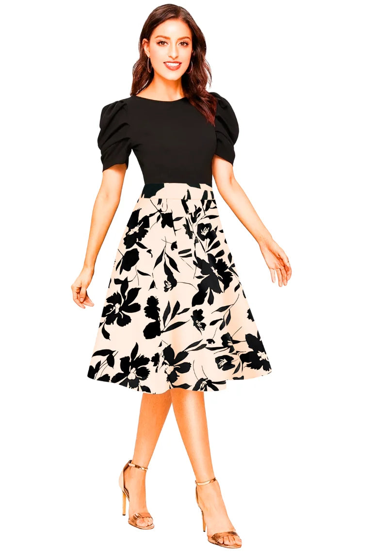 Black Puff Sleeve Floral A-Line Midi Dress