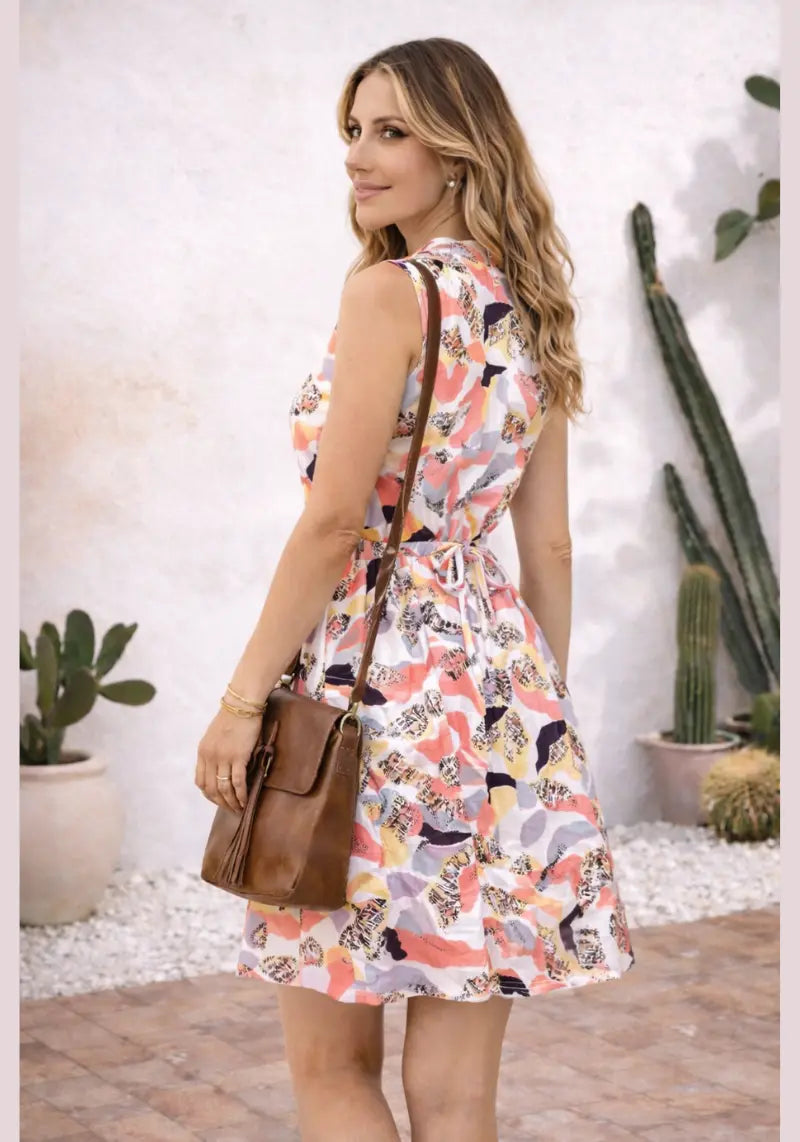 Sunburst Abstract Print Sleeveless Drawstring Mini Dress