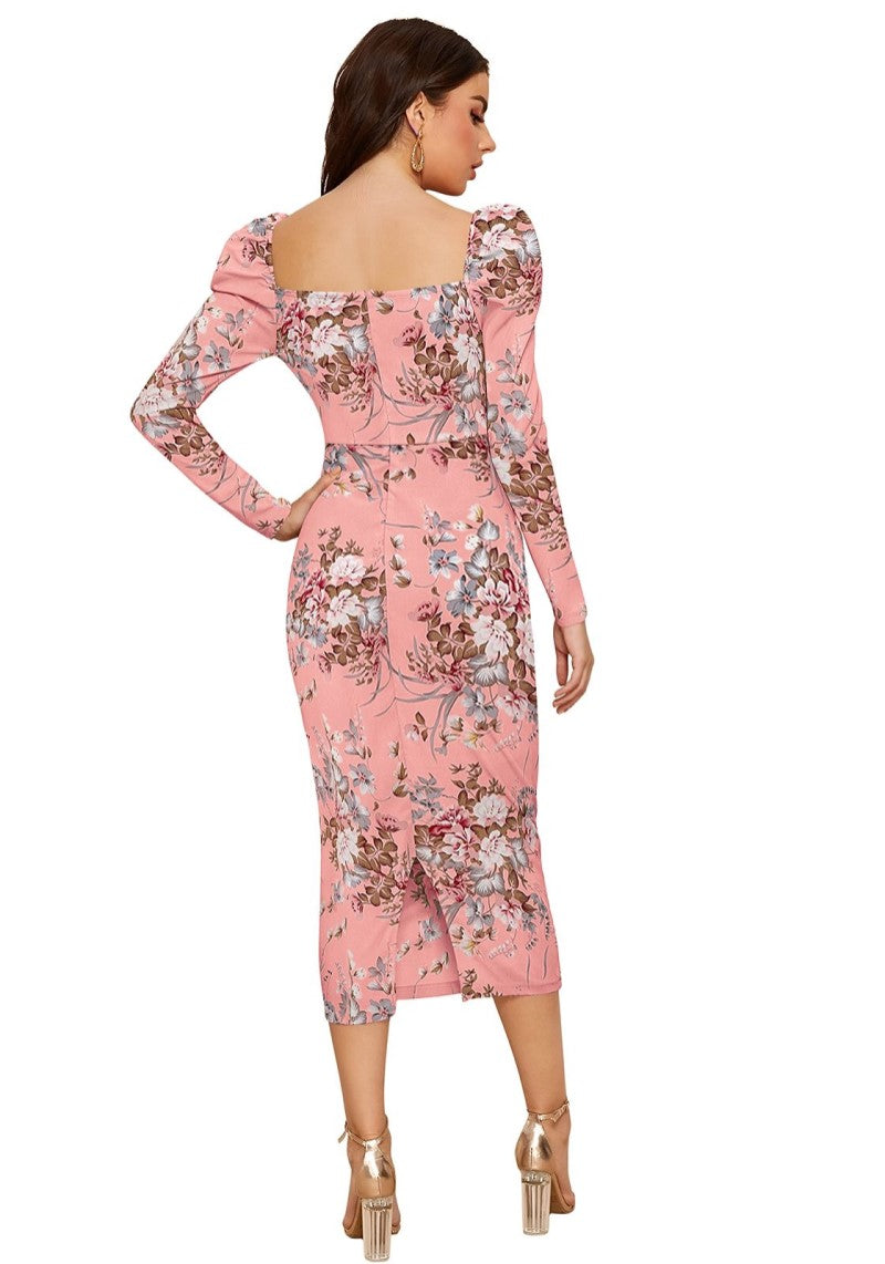 Back view of Floral print midi bodycon dress with square back neckline and back slit detail-peach color