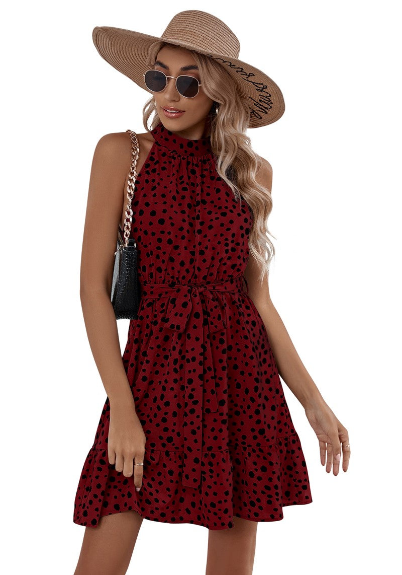 Maroon Polka Print Halter Neck Skater Dress