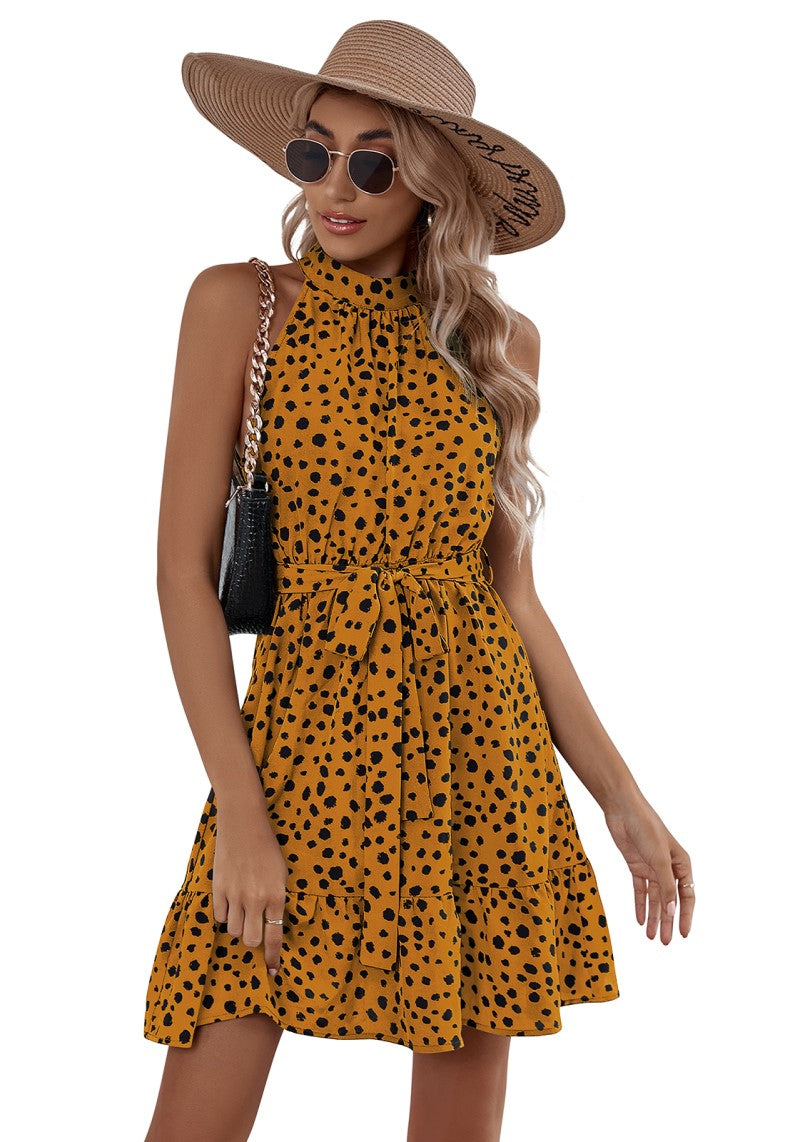 Yellow Polka Print Halter Neck Skater Dress