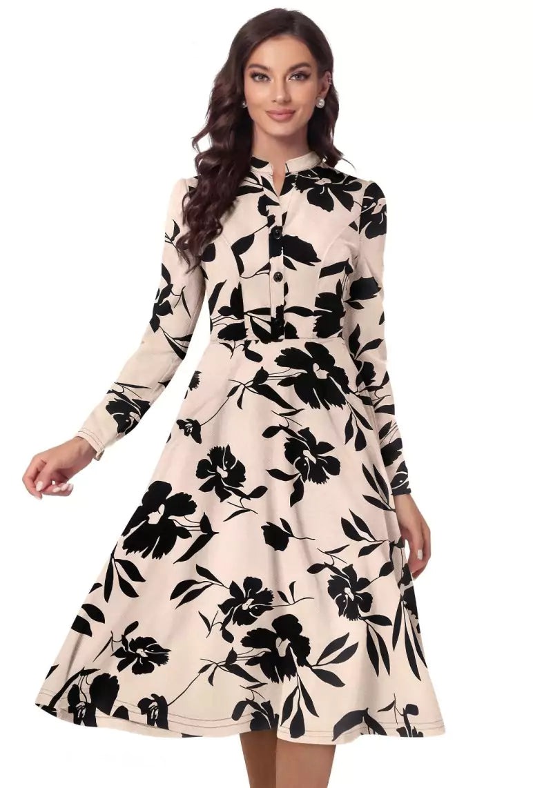 Off White Floral Print A-Line Flounce Dress