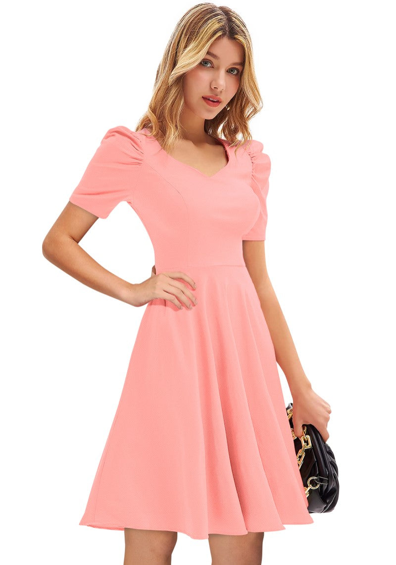 Designer Peach Solid Puff Sleeves Skater Midi Dress