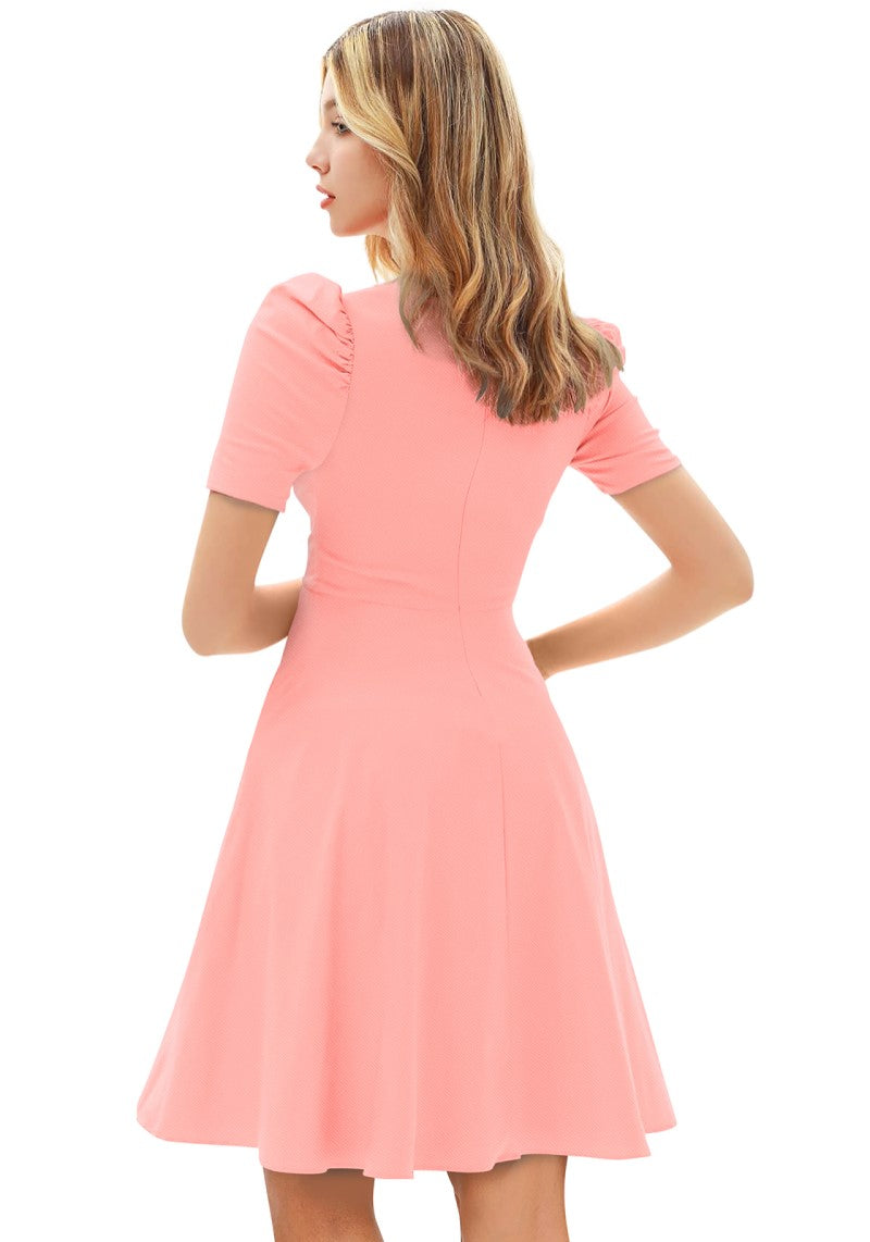 Designer Peach Solid Puff Sleeves Skater Midi Dress