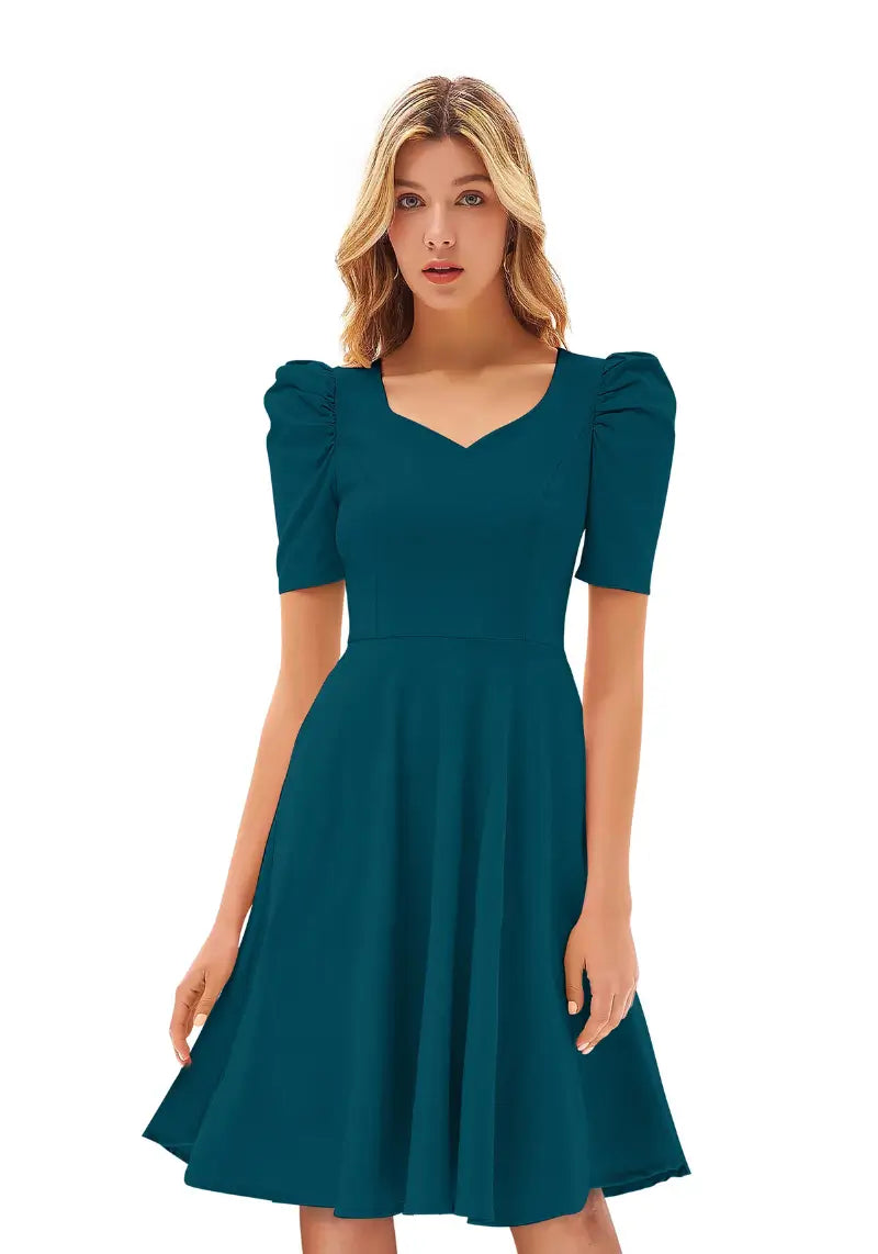 Designer Morpich Solid Puff Sleeves Skater Midi Dress