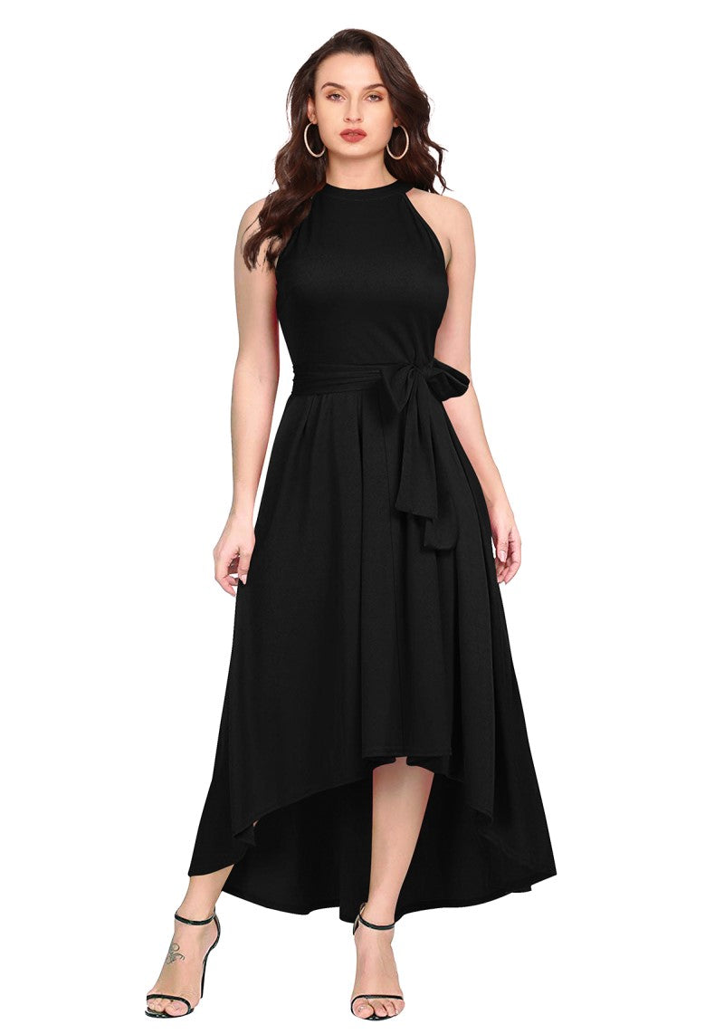 Front View of model in Women’s High Low Party Dress- Black