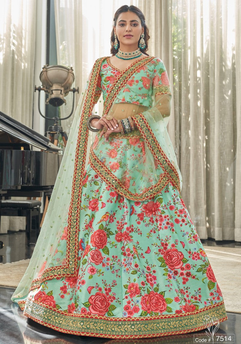 Mint Bloom Art Silk Floral Lehenga Choli with Net Dupatta