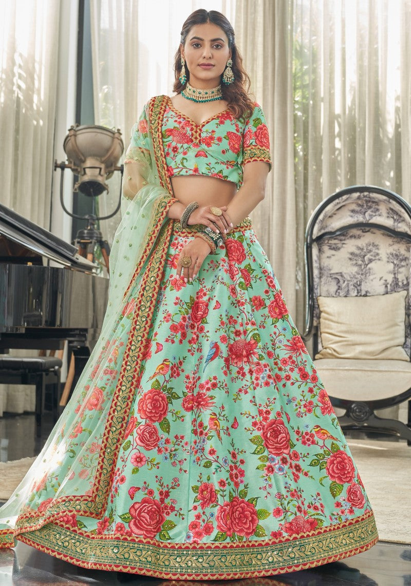Front view of Mint green floral art silk lehenga choli with net dupatta- wedding wear | Party Wear