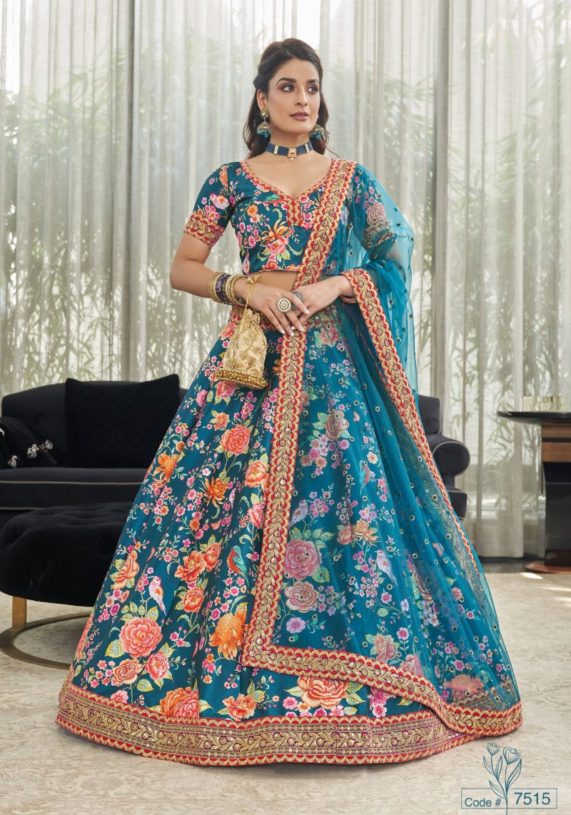 Front view of Teal floral art silk lehenga choli with embroidered net dupatta – festive ethnic wear for weddings and occasions