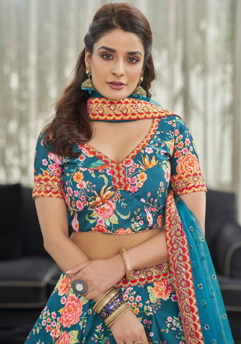 Close view of Teal floral art silk lehenga choli with embroidered net dupatta